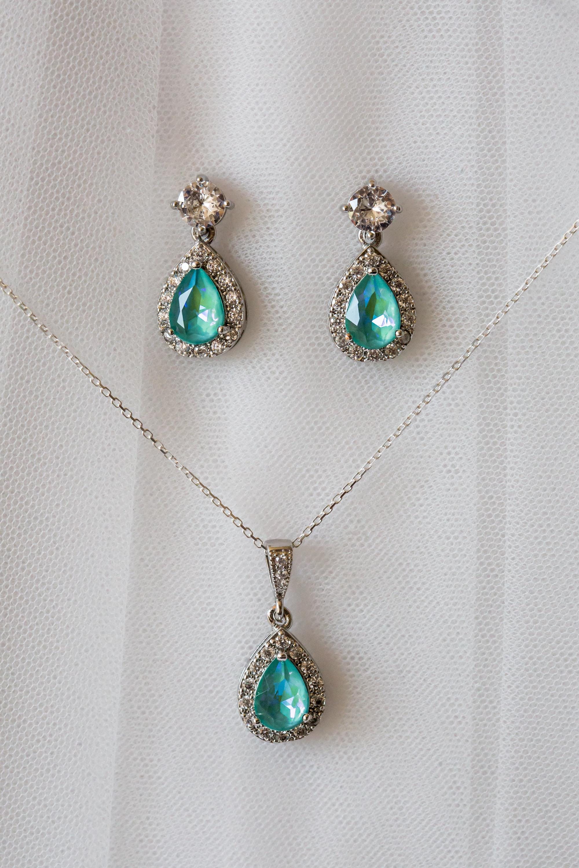 Aqua Blue Crystal Jewellery Set | Wedding Jewellery | Drop Earring | Necklace | Bridesmaid Gift | Bride