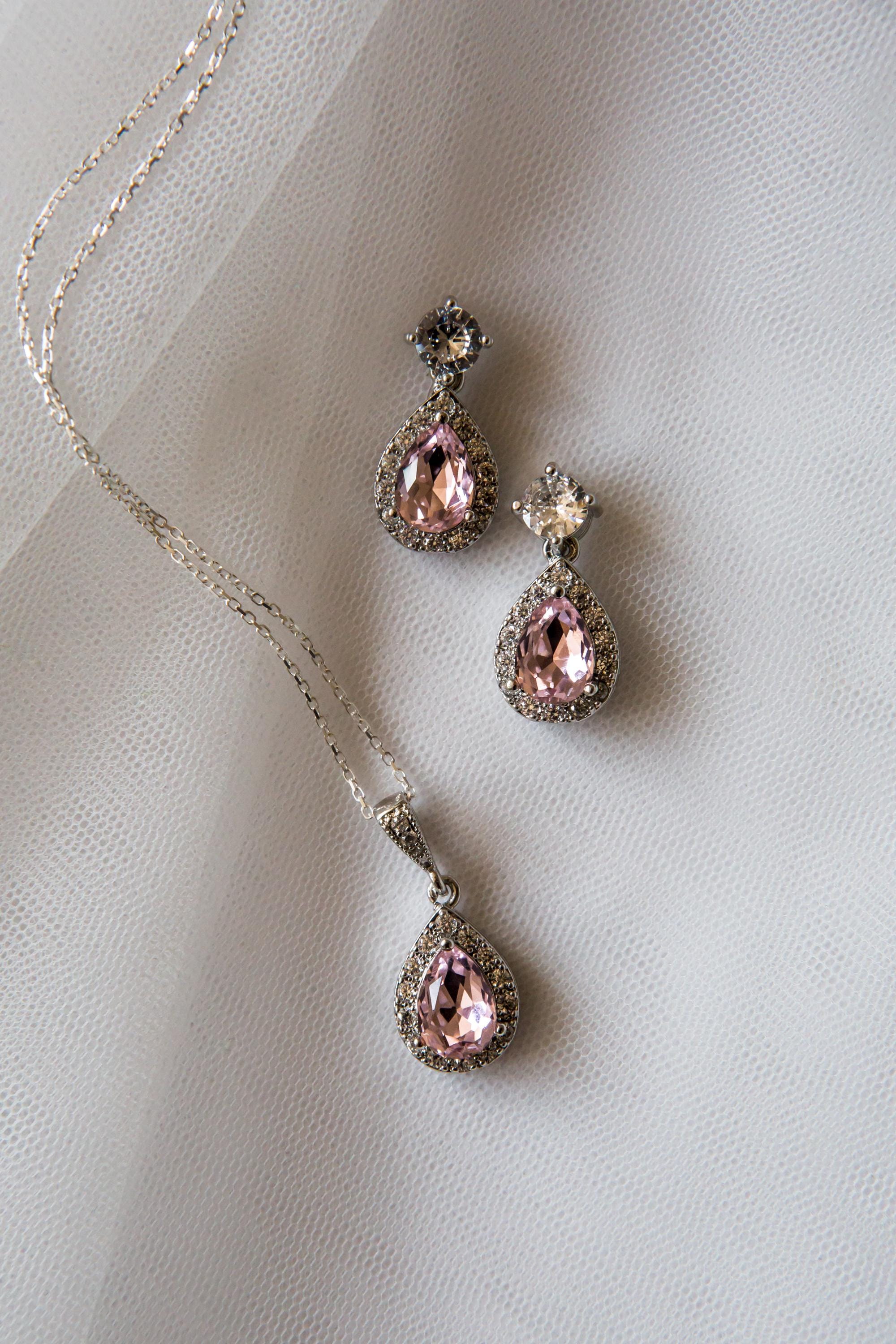 Light Blush Pink Crystal Jewellery Set | Wedding Jewellery | Drop Earring | Necklace | Bridesmaid Gift | Bride