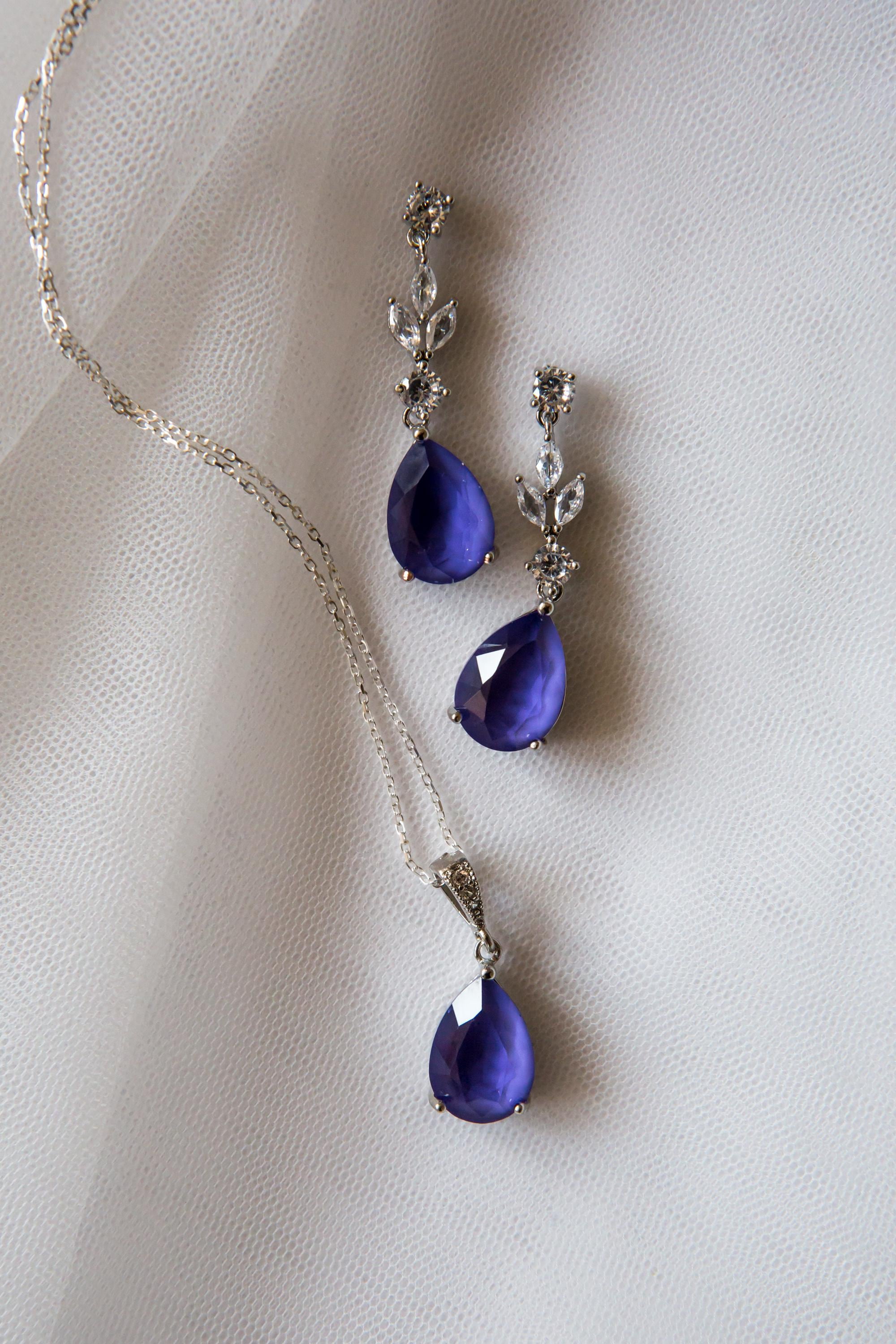 Purple Amethyst Bridal Jewellery Set - Wedding Drop Earring Pendant Set - Cadbury Purple | Bridesmaid Earrings