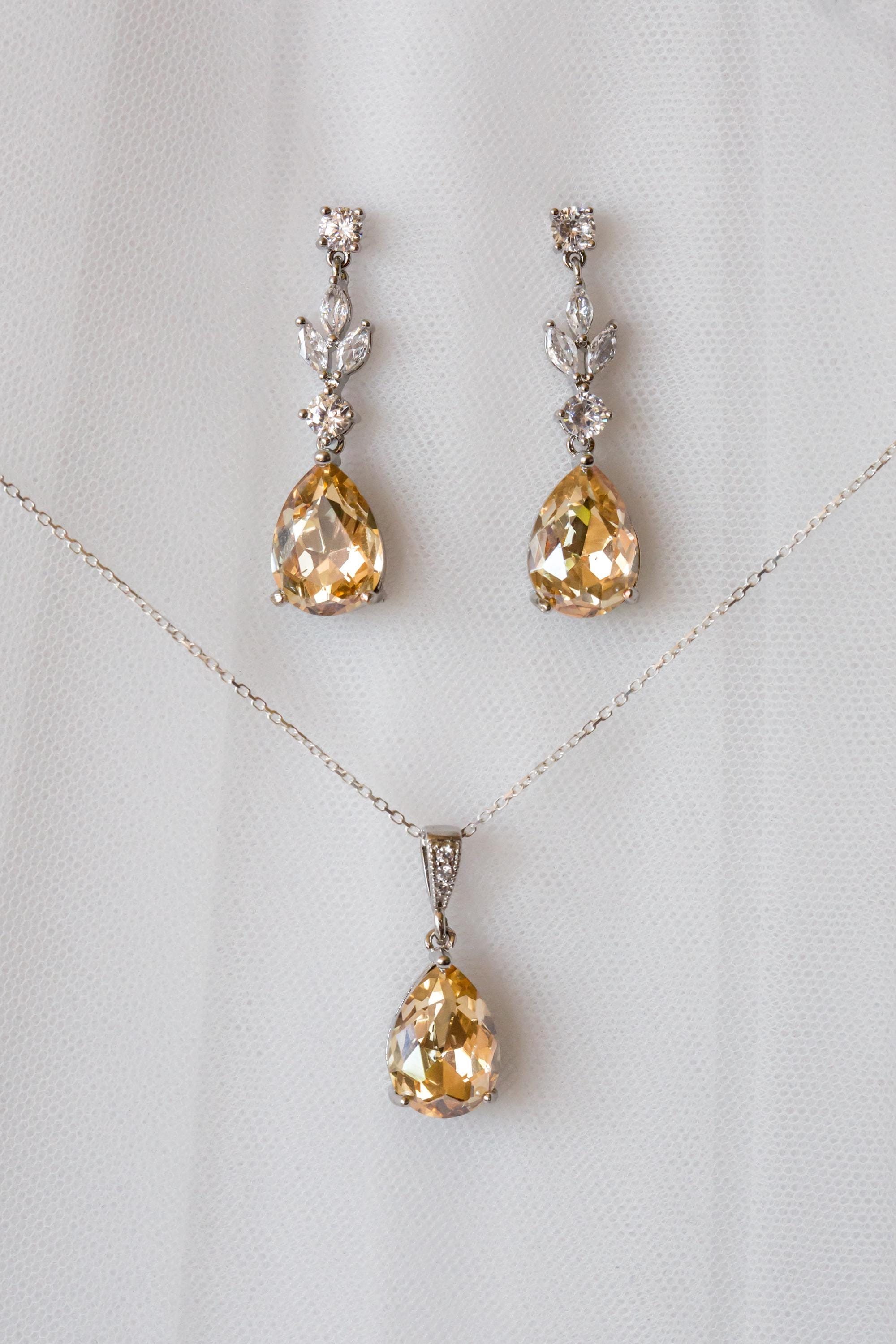 Champagne Bridal Jewellery Set - Wedding Drop Earring Pendant Set | Bridesmaid Earrings