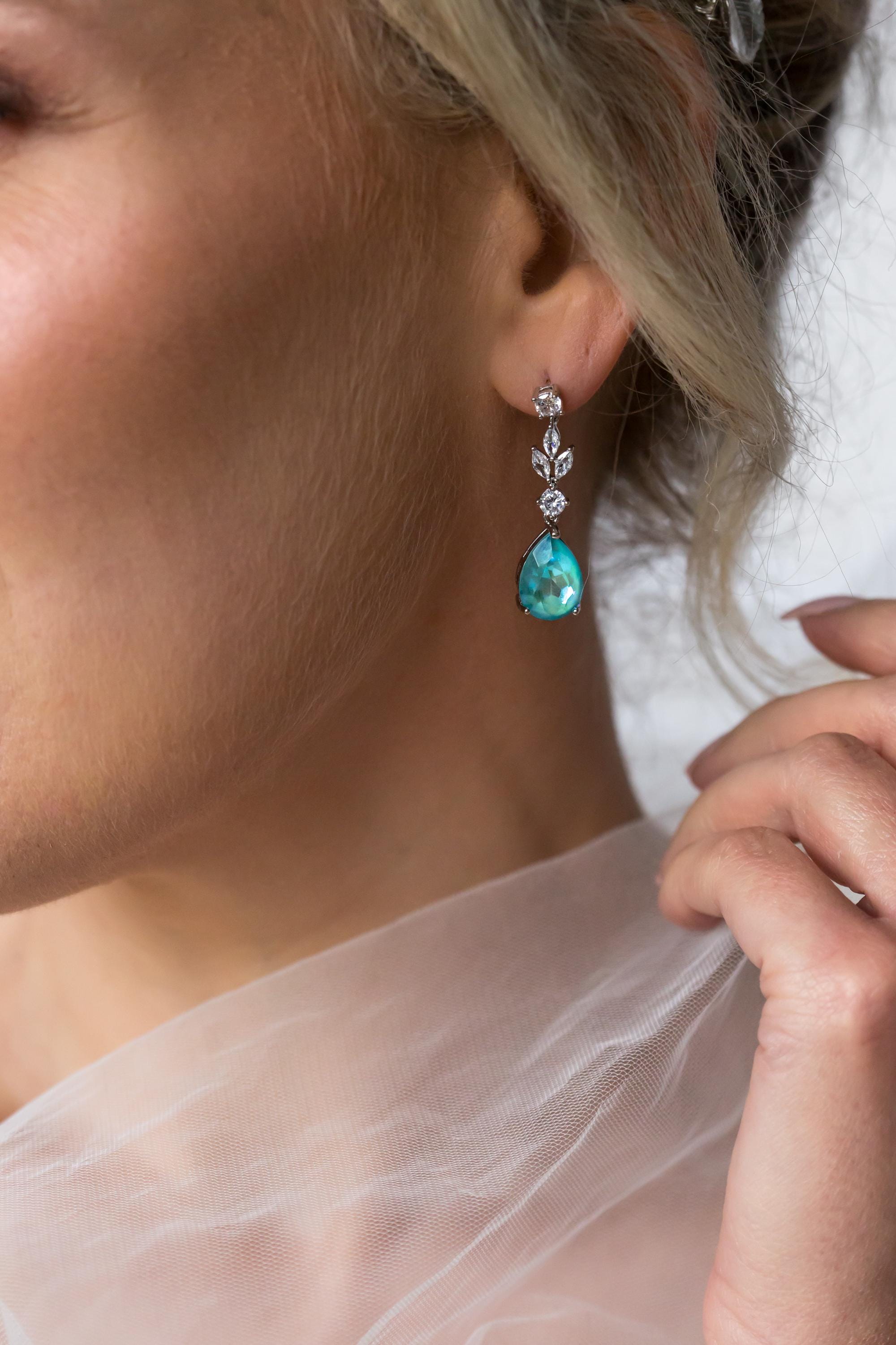 Aqua Sea Blue Bridal Jewellery Set - Wedding Drop Earring Pendant Set | Bridesmaid Earrings