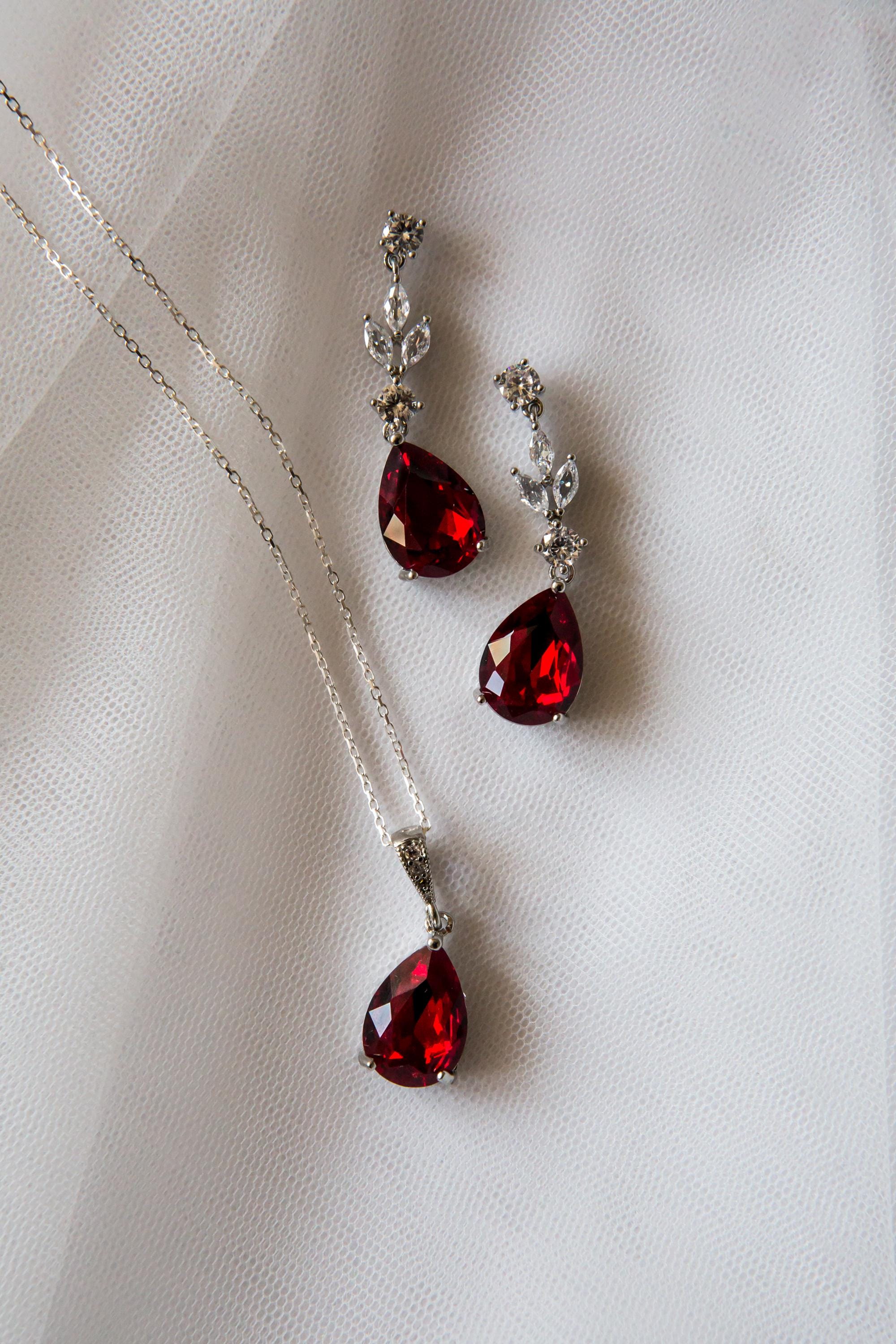 Ruby Red Earrings - Wedding Drop Earring Pendant Set | Bridesmaid Earrings
