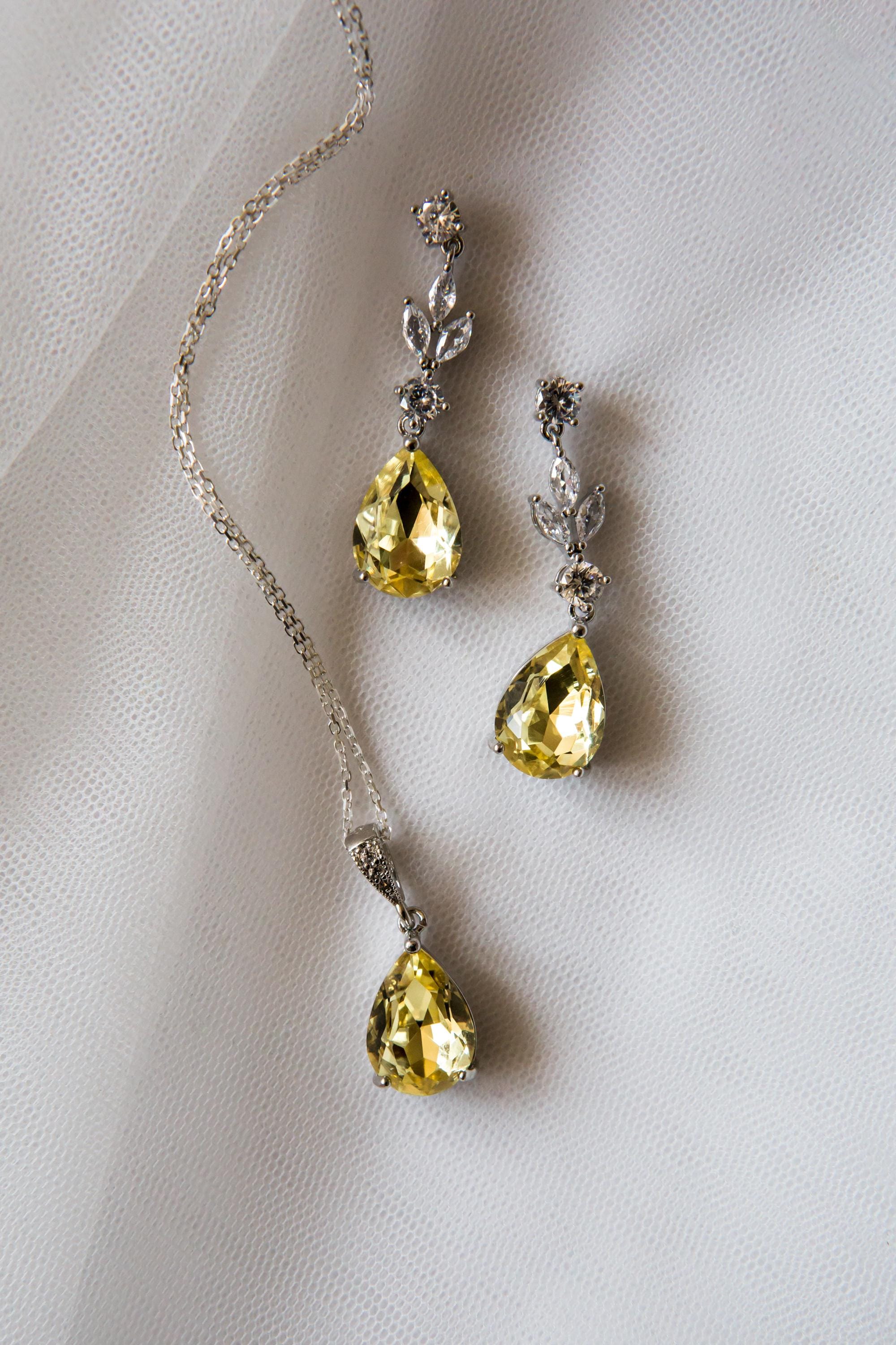 Yellow Bridal Jewellery Set - Wedding Drop Earring Pendant Set | Bridesmaid Earrings | Citrine