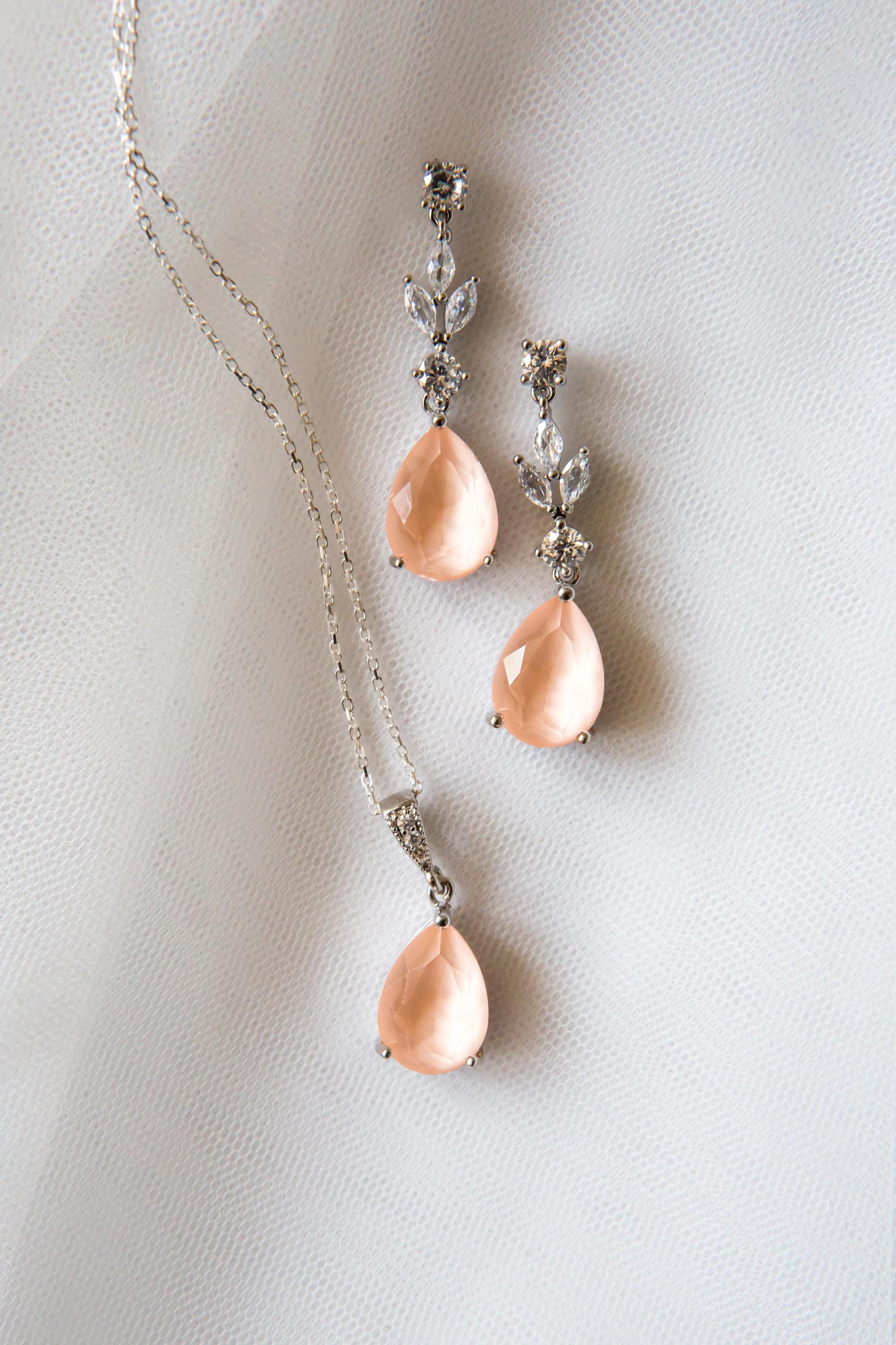 Peach Bridal Jewellery Set - Wedding Drop Earring Pendant Set | Bridesmaid Earrings