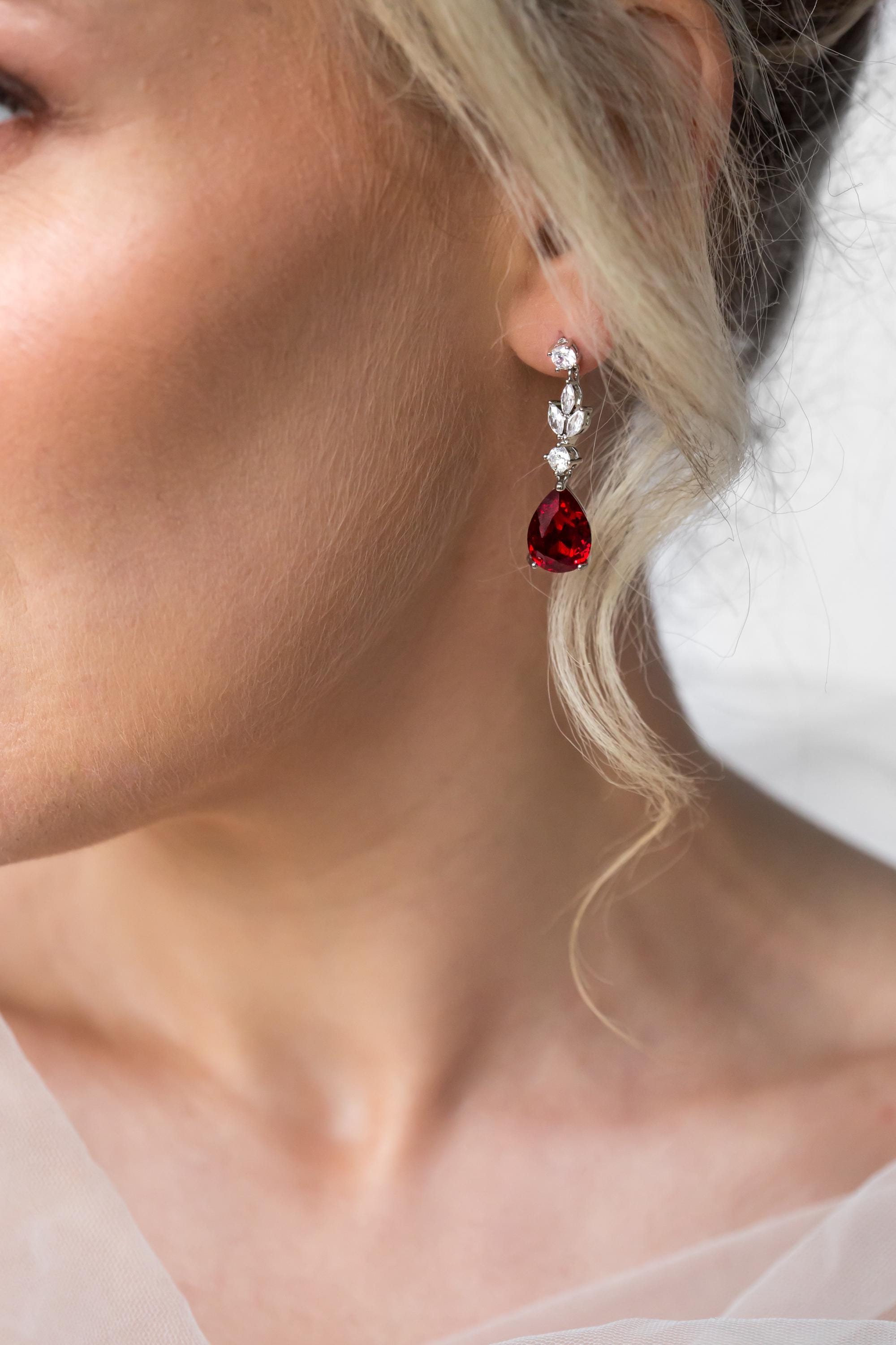 Ruby Red Earrings - Wedding Drop Earring Pendant Set | Bridesmaid Earrings