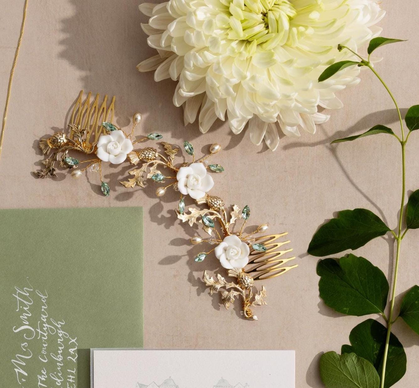 Sage Green Bridal Hair Comb - Bridal Jewellery Set - Thistle and clay Roses