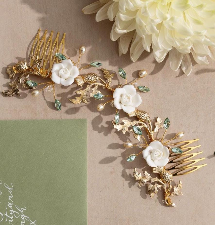 Sage Green Bridal Hair Comb - Bridal Jewellery Set - Thistle and clay Roses