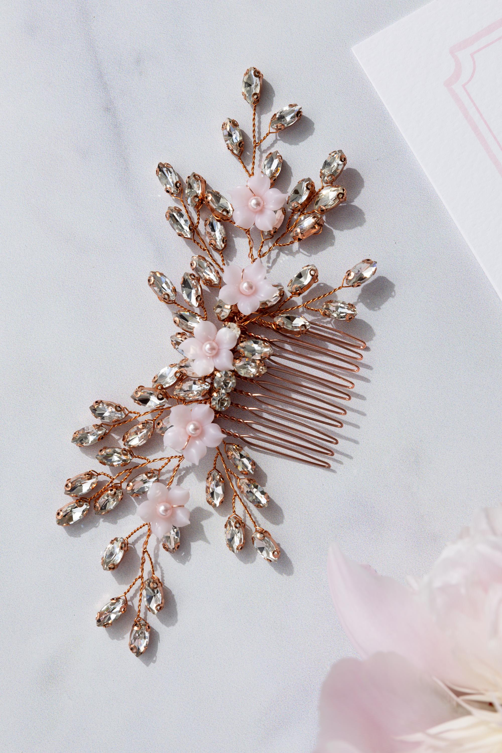 Blush Rose Gold Bridal Hair Comb - Bridal Jewellery Set - Pink Clay Rose Flowers