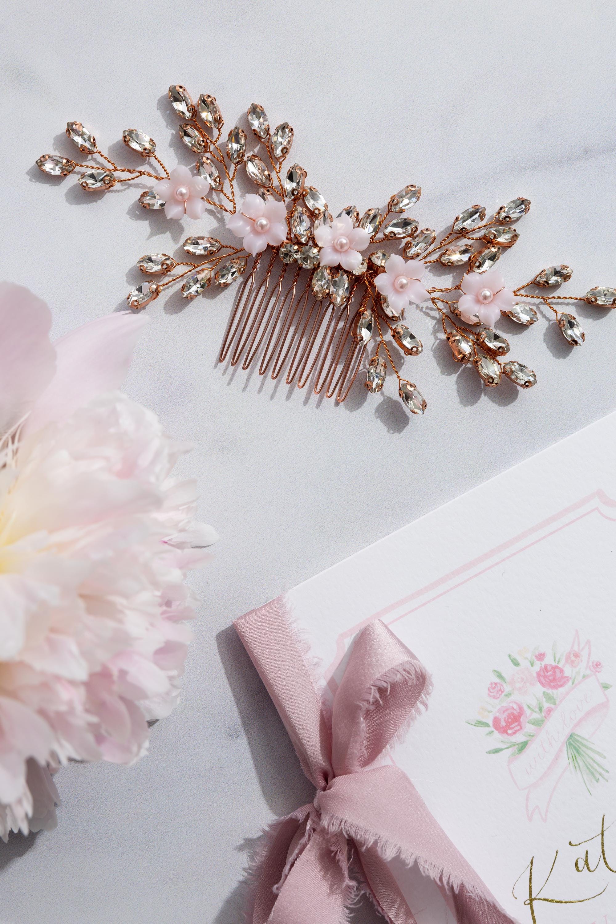 Blush Rose Gold Bridal Hair Comb - Bridal Jewellery Set - Pink Clay Rose Flowers