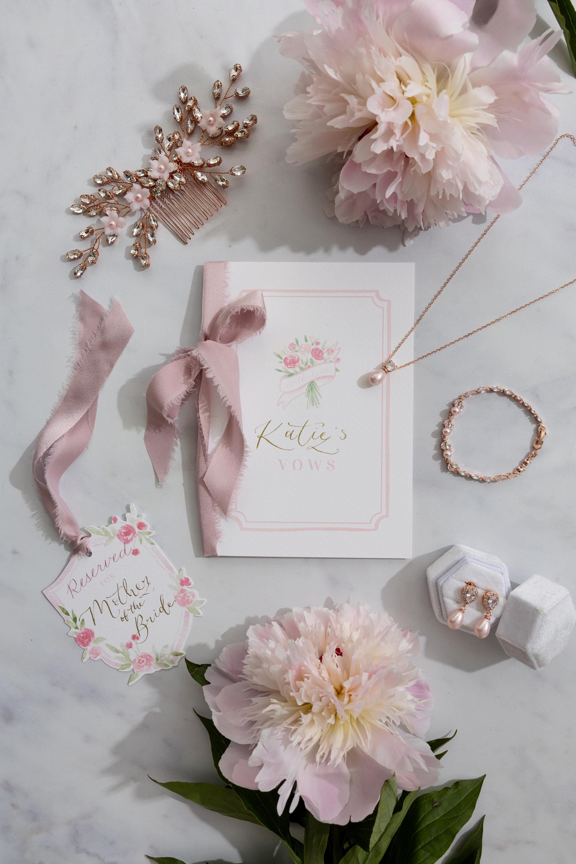 Blush Rose Gold Bridal Hair Comb - Bridal Jewellery Set - Pink Clay Rose Flowers