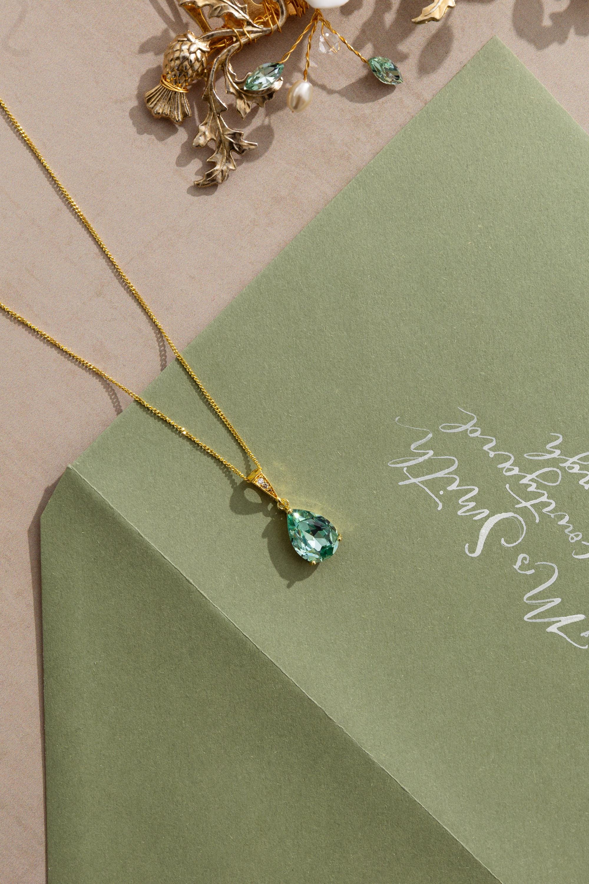Sage Green Bridal Necklace - Wedding Drop Earring Pendant Set - Peridot - Bridesmaid Jewellery