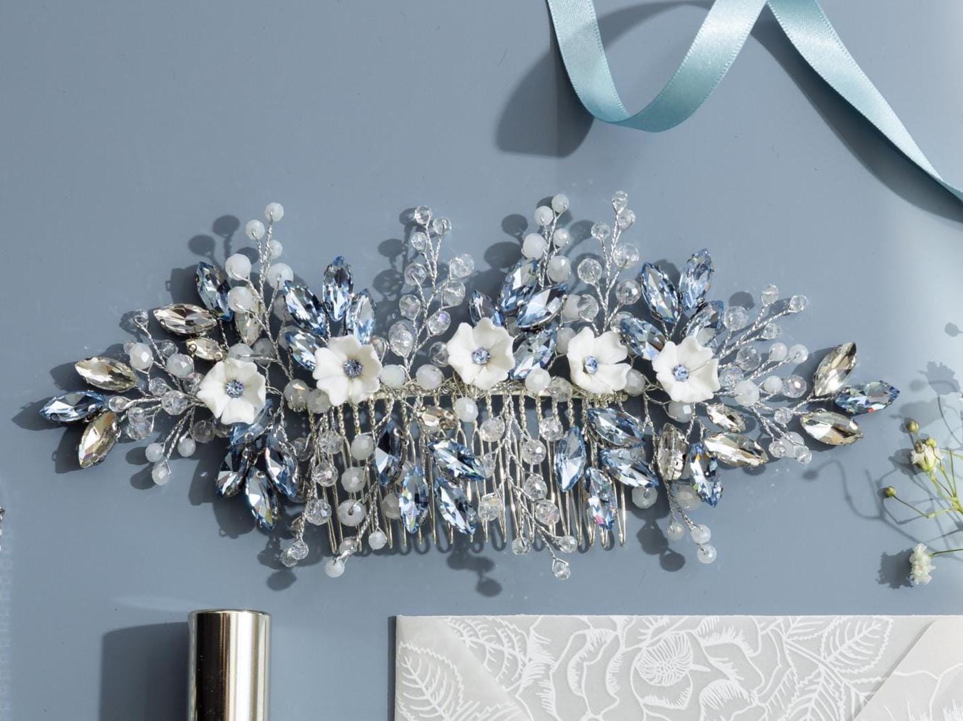 Light Blue Bridal Hair Comb - Bridal Jewellery Set - Thistle and clay Roses