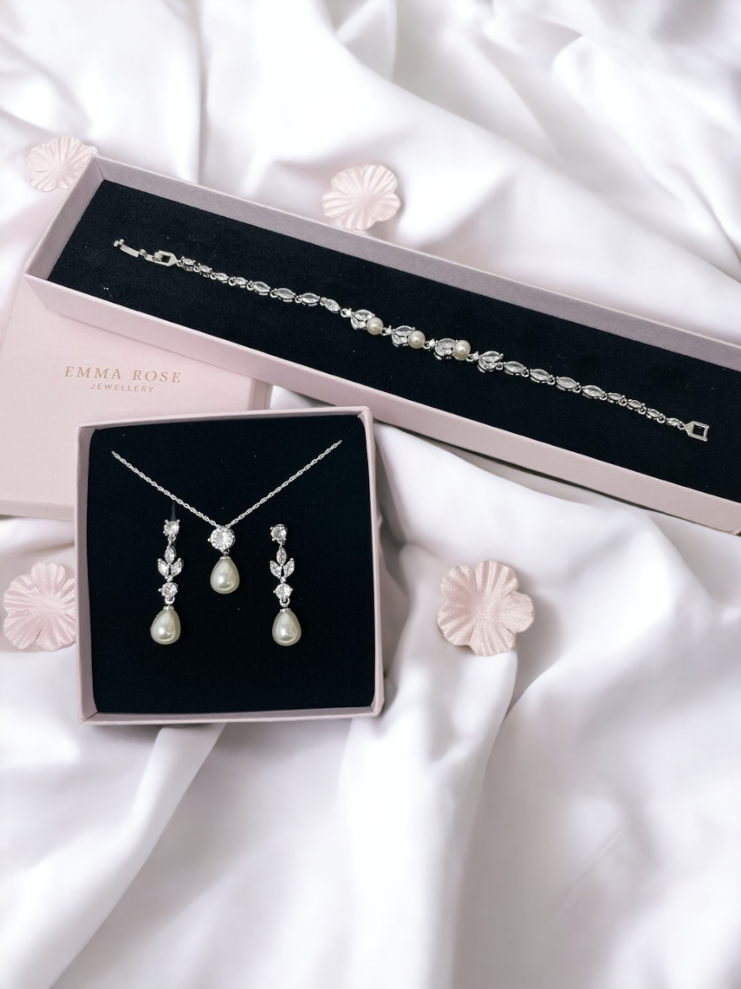 Long Pearl Drop Earring, Necklace and Bracelet Bridal Jewellery Set
