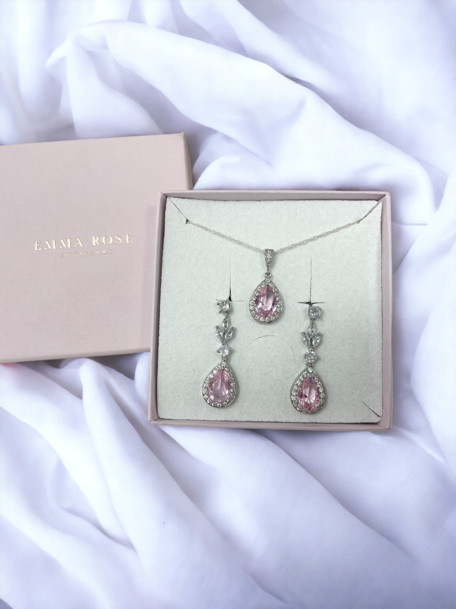 Pink Crystal Teardrop Bridal Jewellery Set