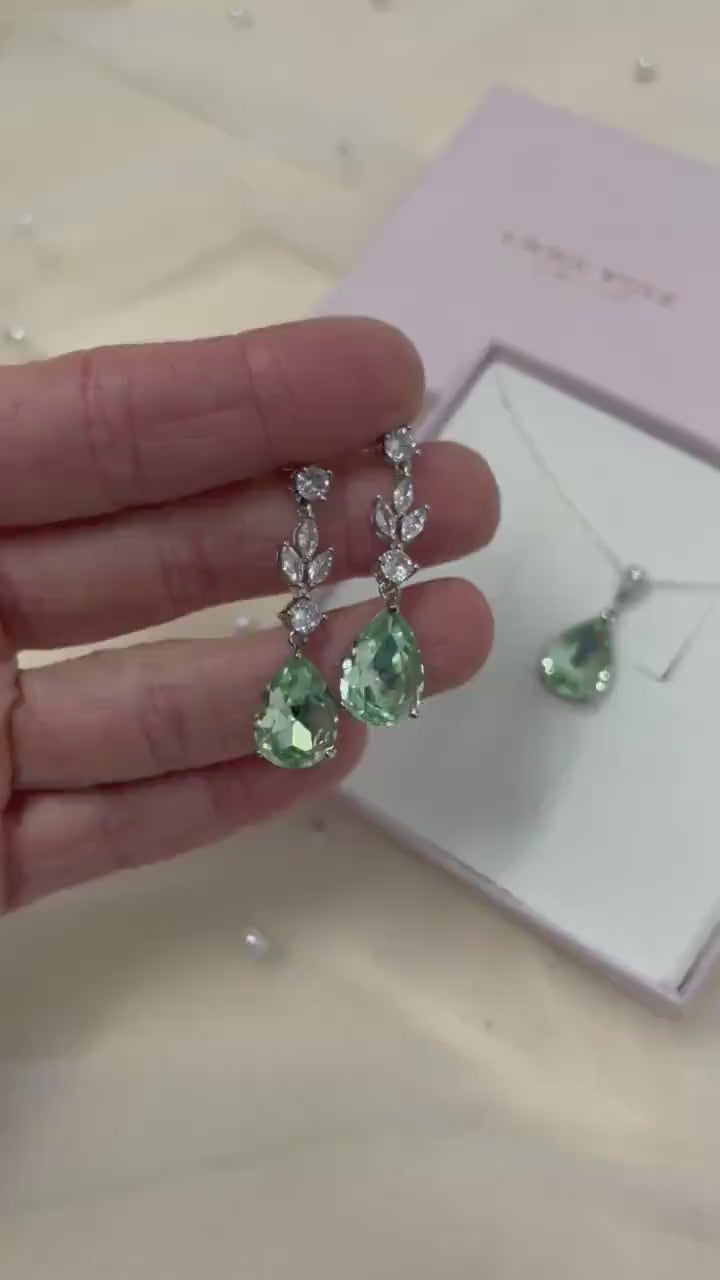 Sage Green Bridal Necklace - Wedding Drop Earring Pendant Set - Peridot - Bridesmaid Jewellery