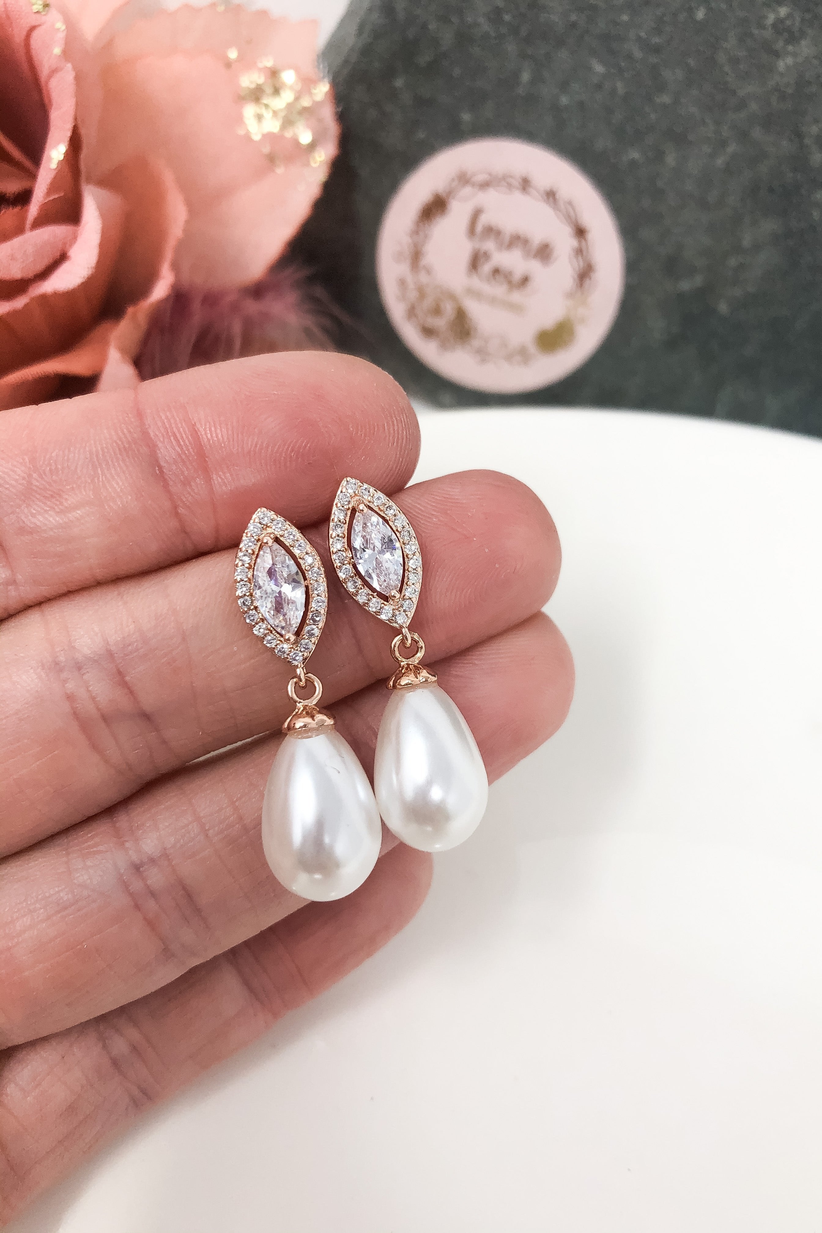 Rose Gold Pearl Marquise Bridal Earrings